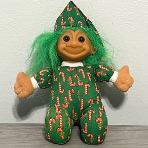 Vintage Russ Plush Christmas Troll with Pajamas, Sleep Hat, and Green Hair
